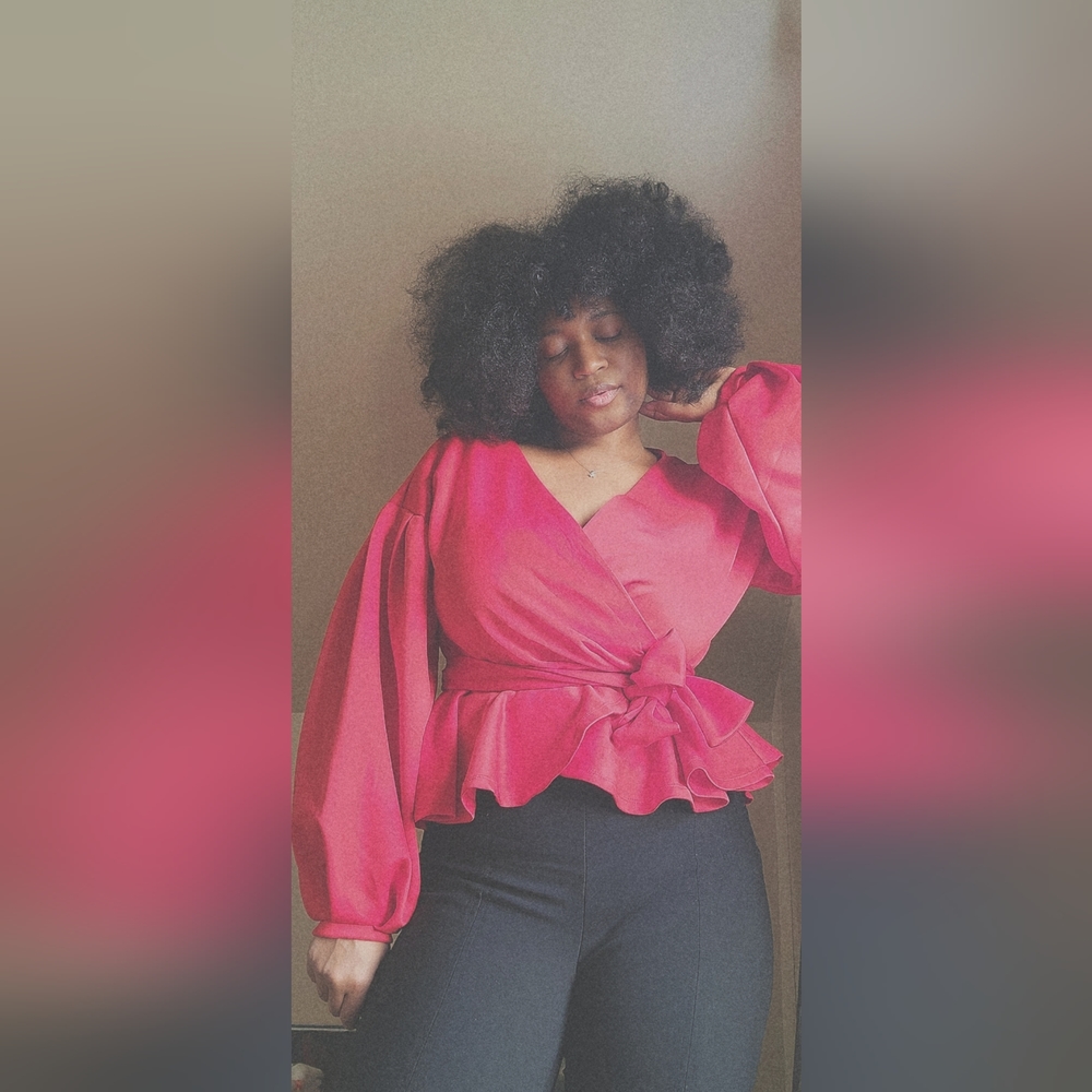 Red Balloon Sleeve Wrap Peplum Top